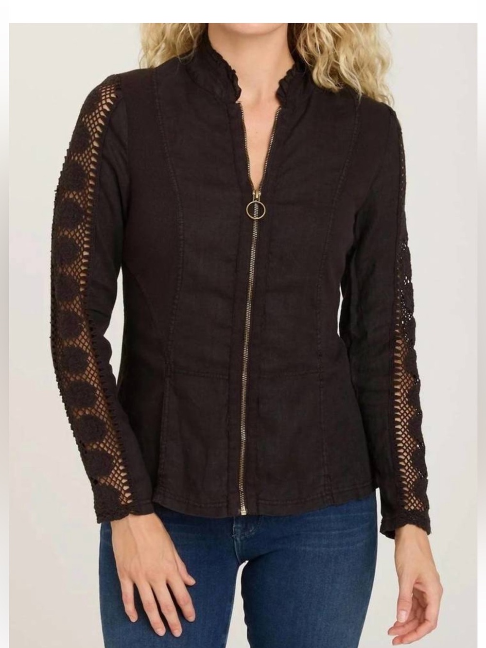 XCVI BIRCH JACKET IN MIDNIGHT BLACK WITH CROCHETED SLEEVED AND BACK SIZE MEDIUM